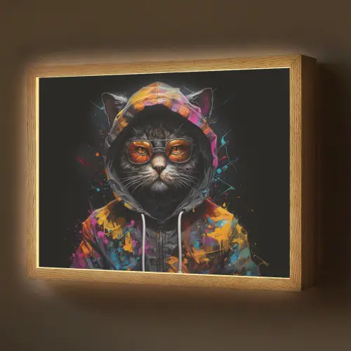 Kat - Jas - Graffiti - Bril - Zwart Light Box met batterij (Wandlamp) middel -z3d_website