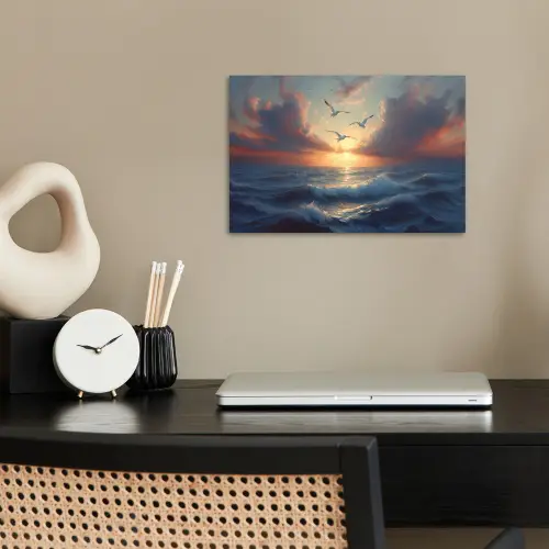 Meeuwen - Zonsondergang - Zee - Wolken poster papier klein -sfeer1