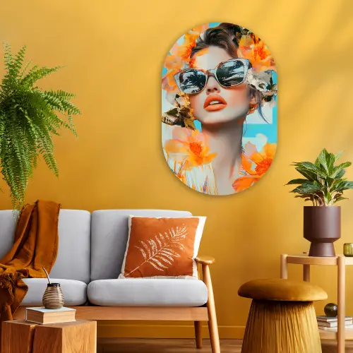 Bloemen - Vrouw - Zonnebril - Blauw Wandcirkel Ovaal Glas middel -sfeer4