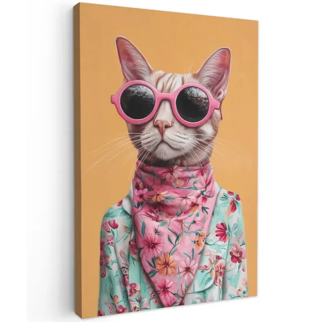 Zonnebril - Kat - Sjaal - Bloemen Tuinposter op houten frame 2 cm dik klein -3d
