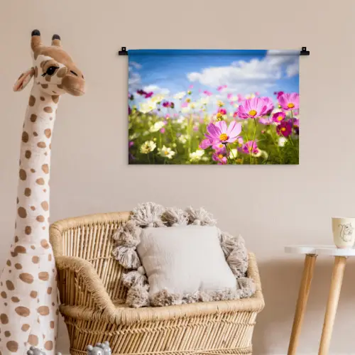 Bloemen - Wei - Paars - Gras - Wit - Wolken - Blauw Wandkleed katoen klein -wsfeer5_kind