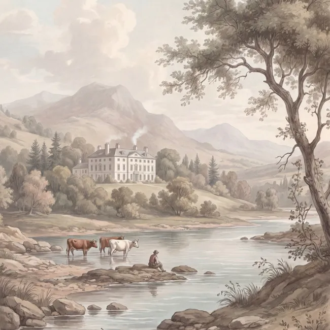 Behang - Landhuis - Rivier - Vee