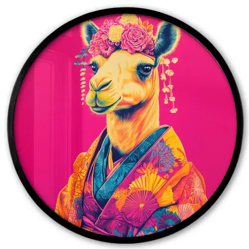 Kameel - Bloemen - Kimono - Waaiers Fotolijst rond zonder passe partout klein -3d