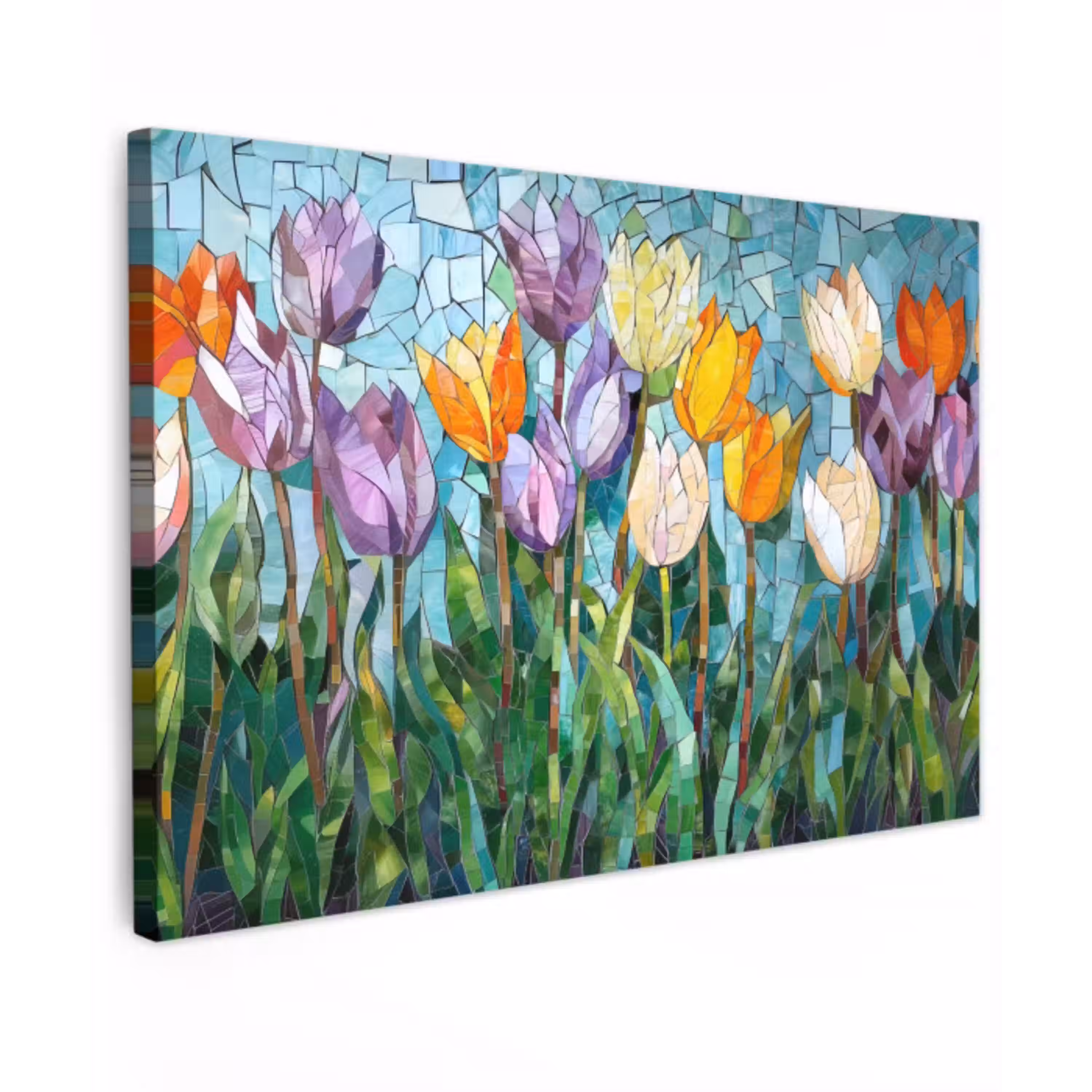 Mozaïek - Veld - Tulpen - Kleurrijk Tuinposter op houten frame 2 cm dik klein -3d