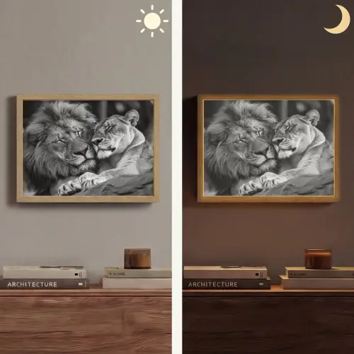 Leeuwen - Dieren - Zwart - Wit - Leeuw Light Box met batterij (Wandlamp) middel -sfeer3