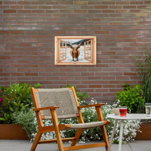Schotse Hooglander - Landschap - Landelijk - Bergen - Winter - Doorkijk Tuinposter op houten frame 2 cm dik klein -sfeer3