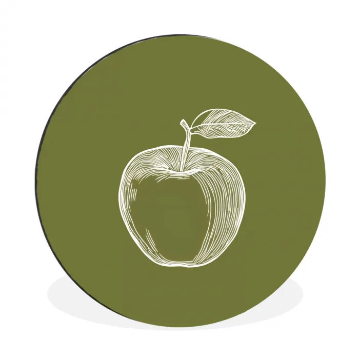 Lijntekening - Appel - Olijfgroen - Blaadje Wandcirkel aluminium klein -3d