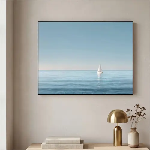Zeilbootje - Kalme zee - Helderblauwe hemel Textielframe zwart klein -sfeer2