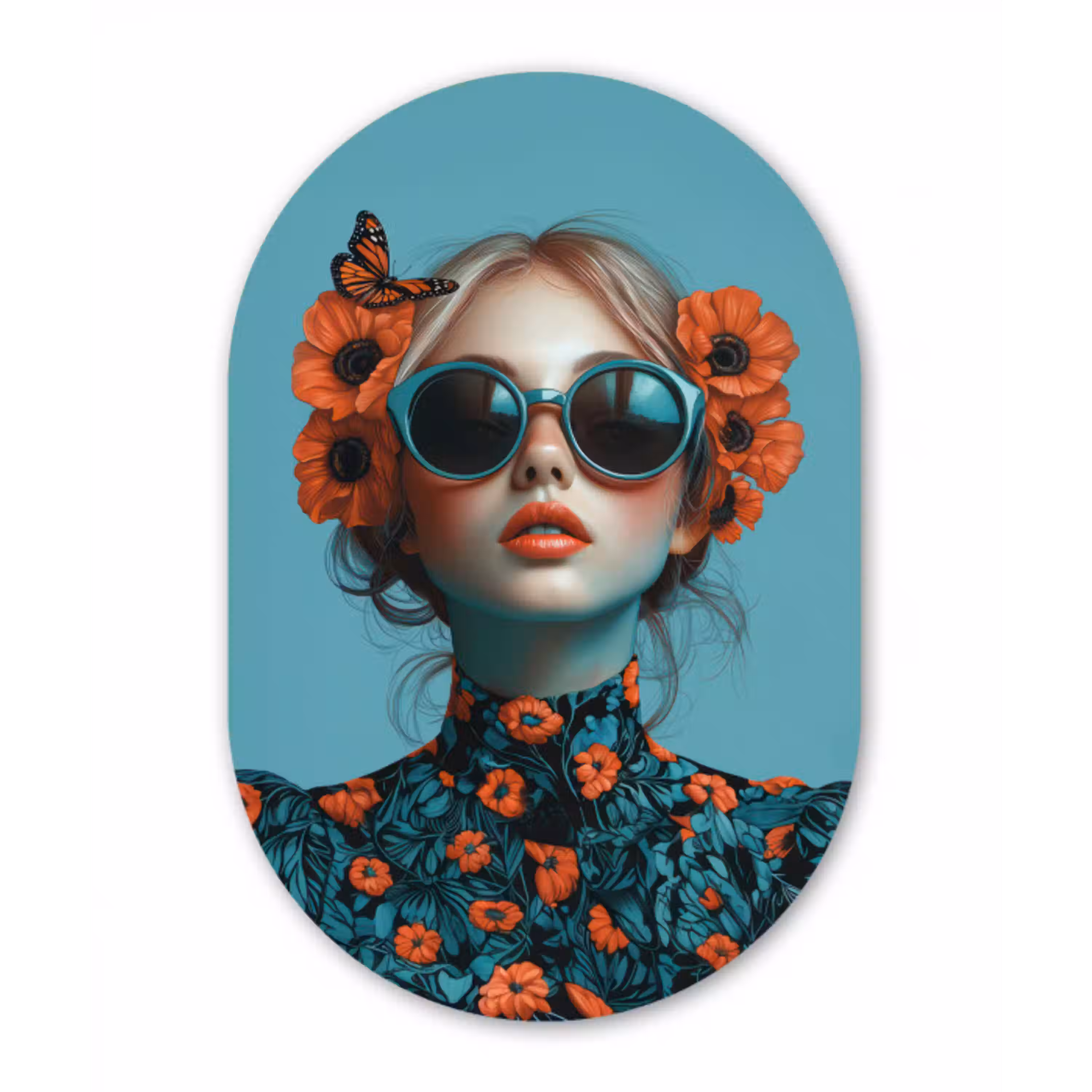 Vrouw - Blauw - Vlinder - Bloemen - Aesthetic Wandcirkel Ovaal Aluminium middel -3d