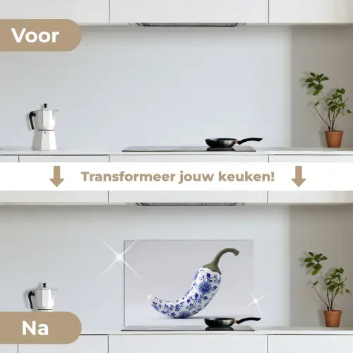 Chilipeper - Keramiek - Blauw keuken achterwand spatscherm klein -voor_na_NL