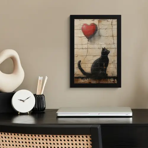 Street art - Kat - Ballon - Graffiti - Banksy fotolijst zwart zonder passe partout klein -sfeer1