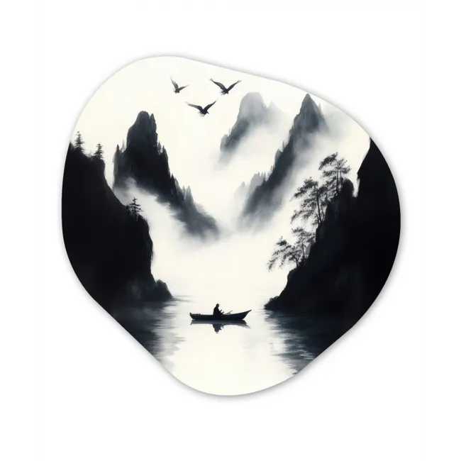 Roeiboot - Mistig - Bergen - Vogels Wandcirkel Organisch Forex 3mm klein -3d