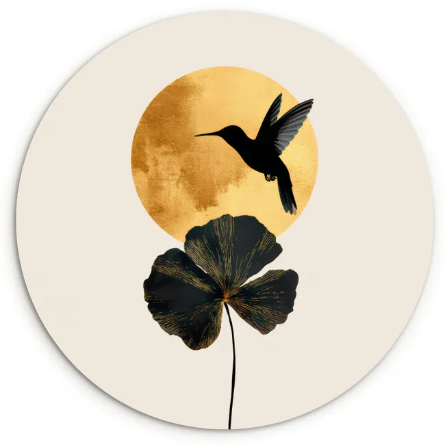 Zwarte kolibrie - Bloem - Gouden cirkel Wandcirkel kunststof plaat 5mm dik klein -3d