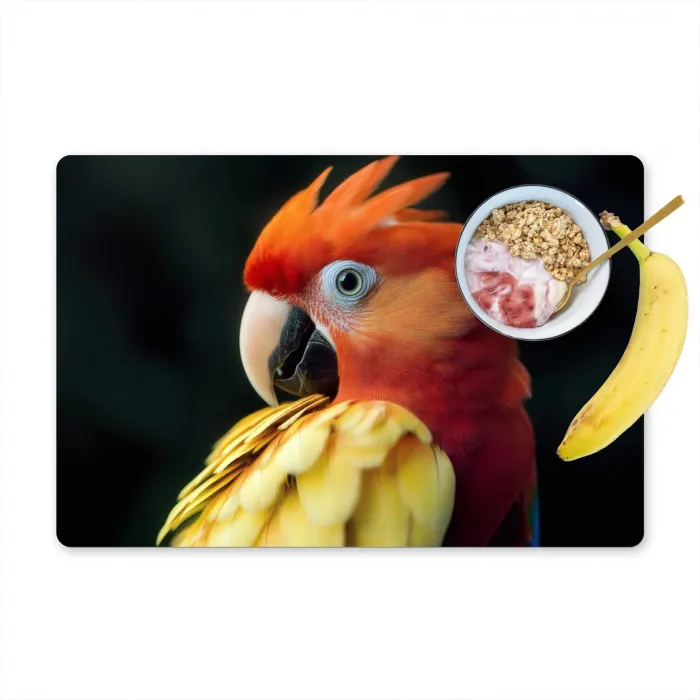 Close-up - Papegaai - Veren - Oranje Placemat vinyl groot -zzzproduct_Kitchenyeah-website