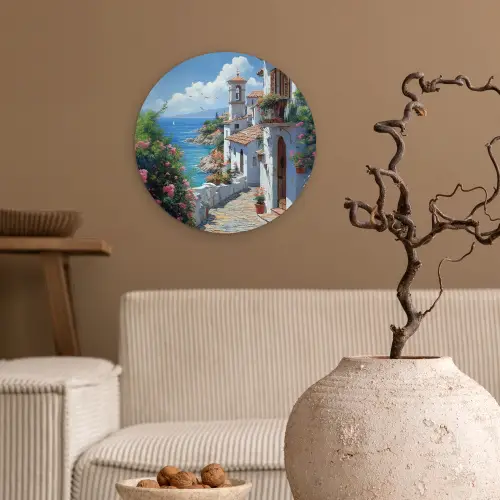Huizen - Zee - Bomen - Bloemen Wandcirkel kunststof plaat 5mm dik klein -sfeer1