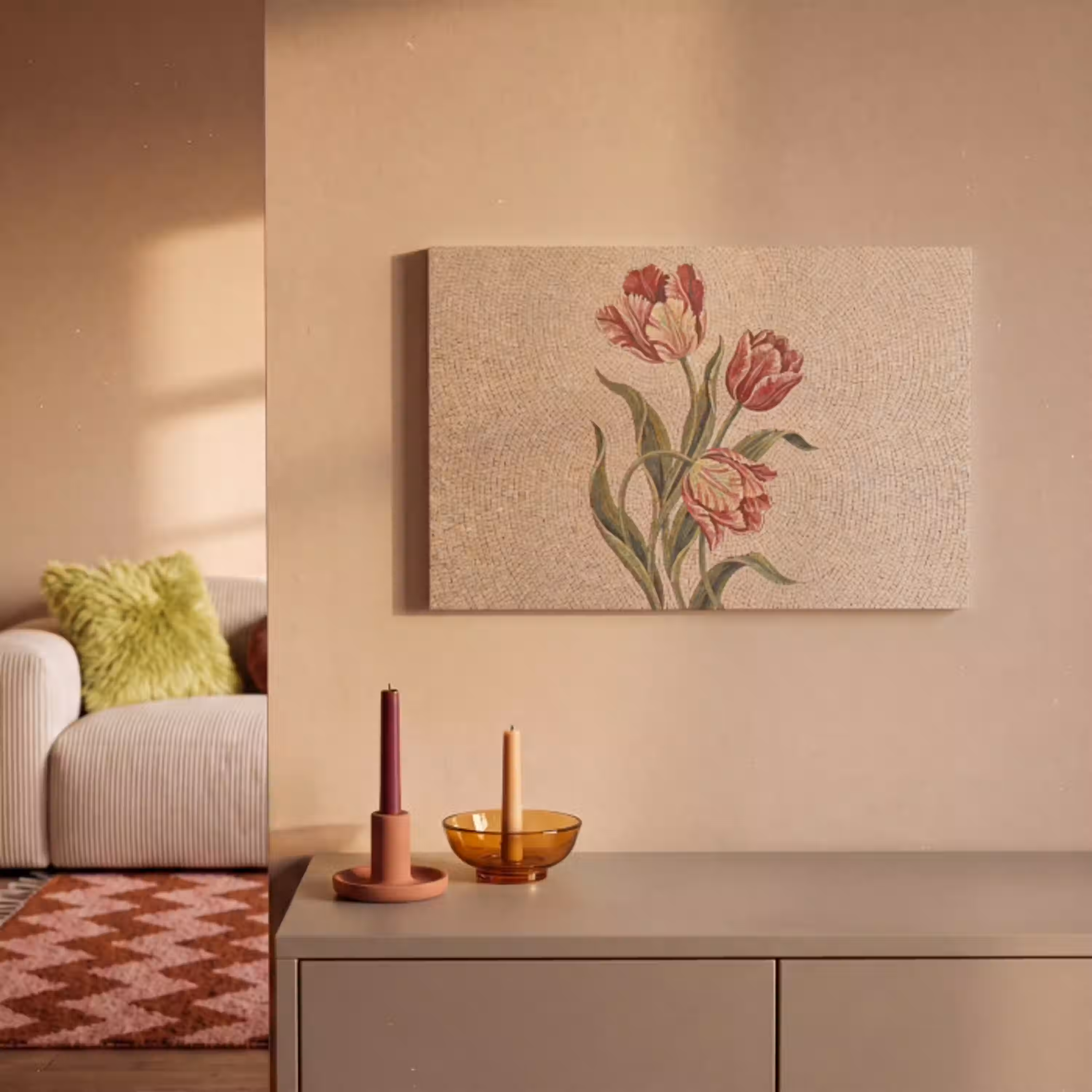 Bloemen - Mozaïek - Rood - Groen - Kunst canvas 2cm klein -sfeer1