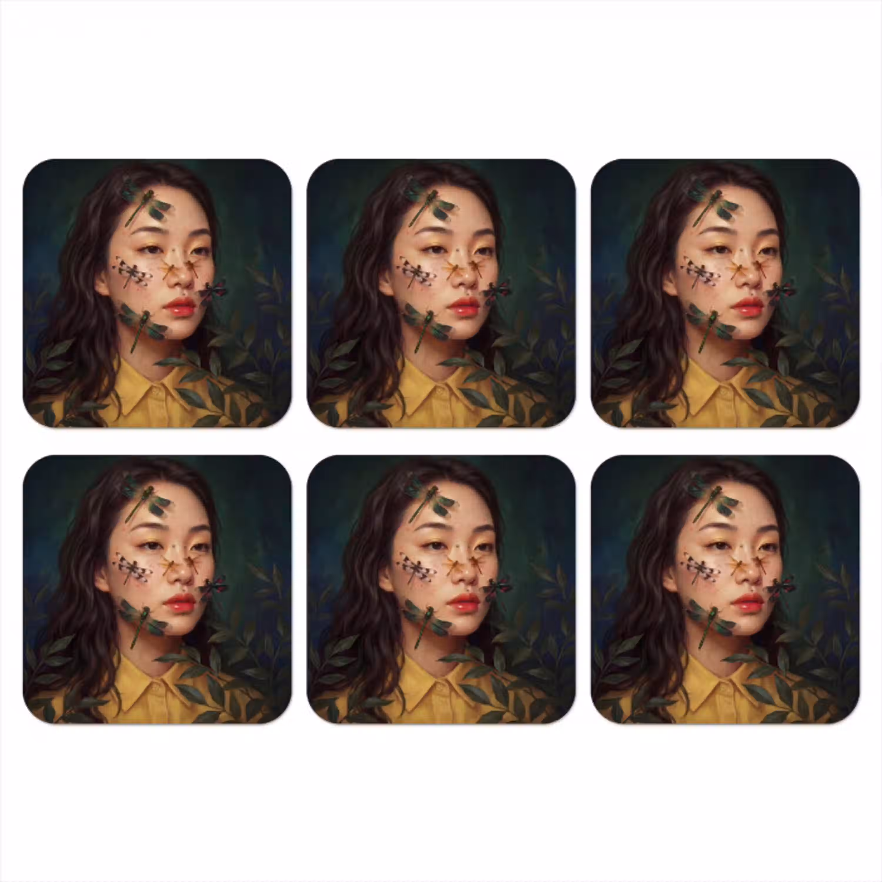 Vrouw - Insecten - Natuur - Portret - Groen onderzetter kurk middel -3d