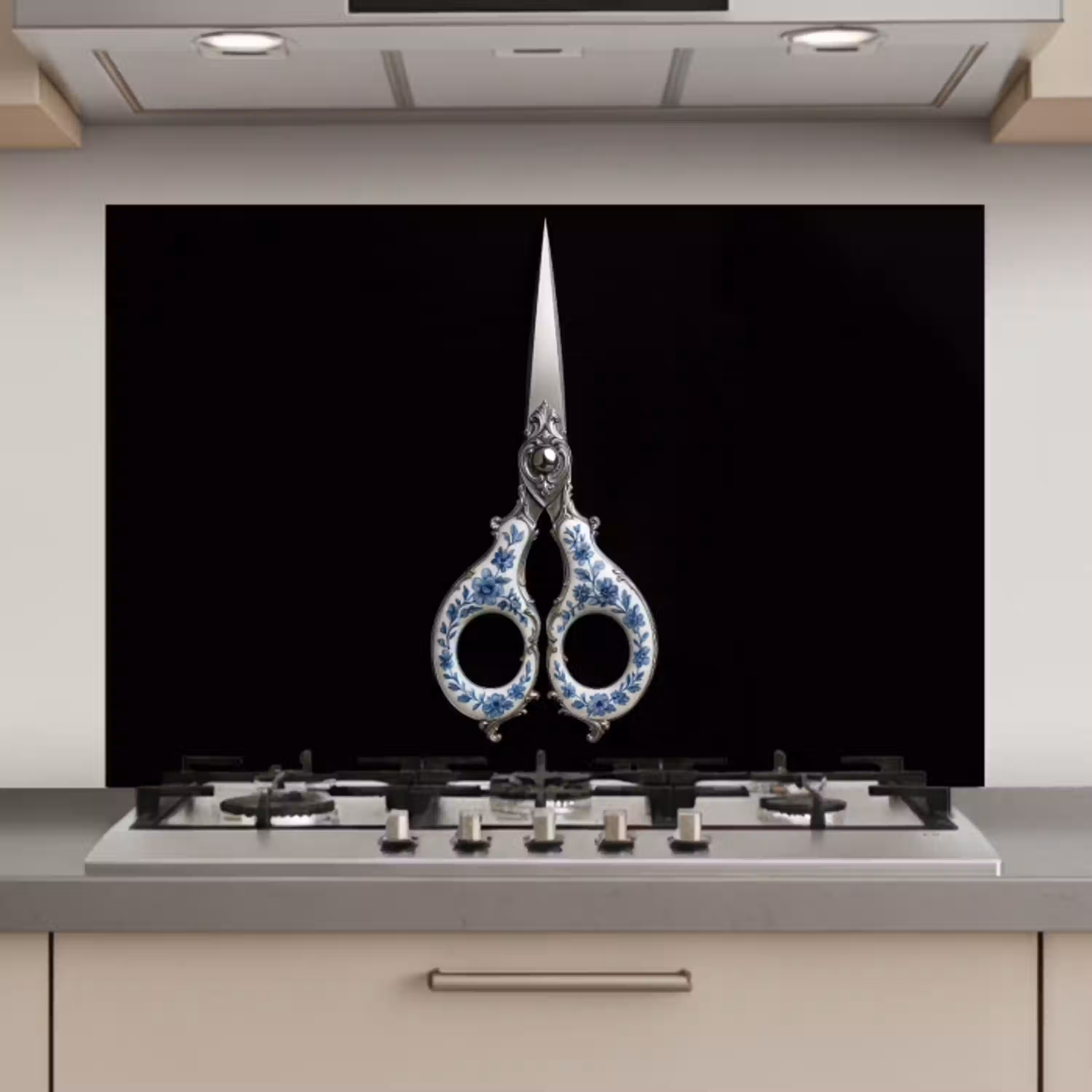 Schaar - Delfts blauw - Zwart keuken achterwand spatscherm klein -3d_website