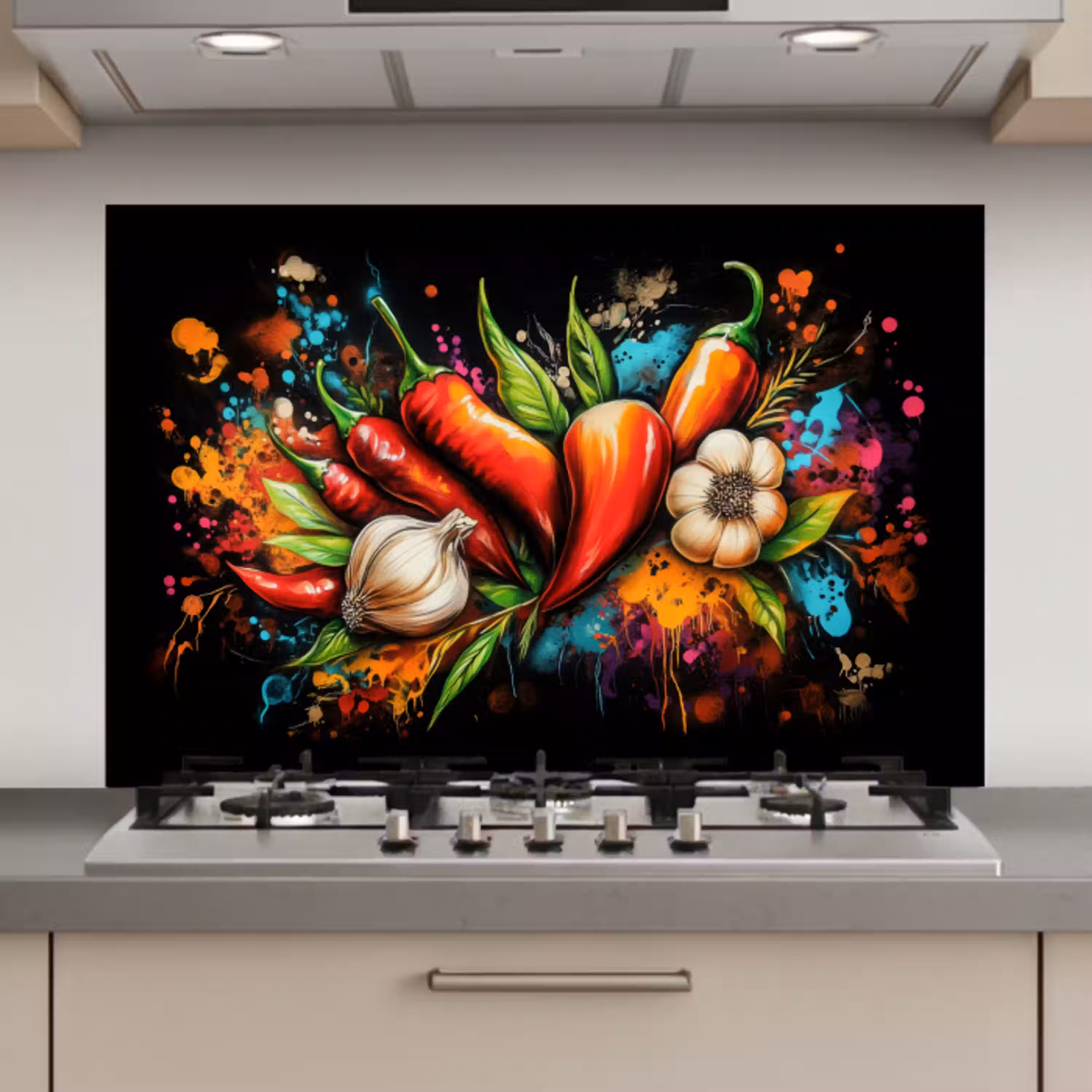 Groente - Peper - Knoflook - Graffiti - Verf - Kleurrijk keuken achterwand spatscherm klein -3d_website