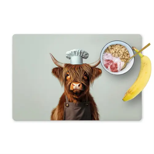 Schotse Hooglander - Bruin - Hoorns - Kokskleding Placemat vinyl groot -zzzproduct_Kitchenyeah-website