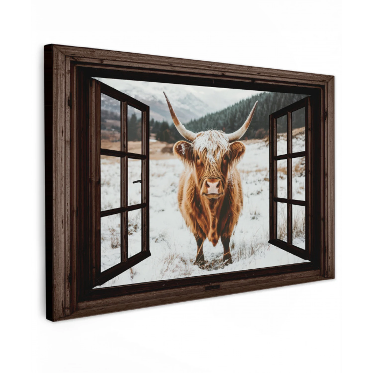 Schotse Hooglander - Landschap - Landelijk - Bergen - Winter - Doorkijk - Donker Tuinposter op houten frame 2 cm dik klein -3d