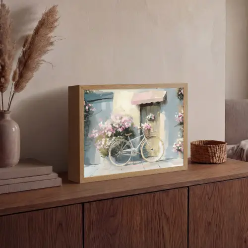 Fiets - Pastelkleuren - Bloemen Light Box met batterij (Wandlamp) middel -sfeer2