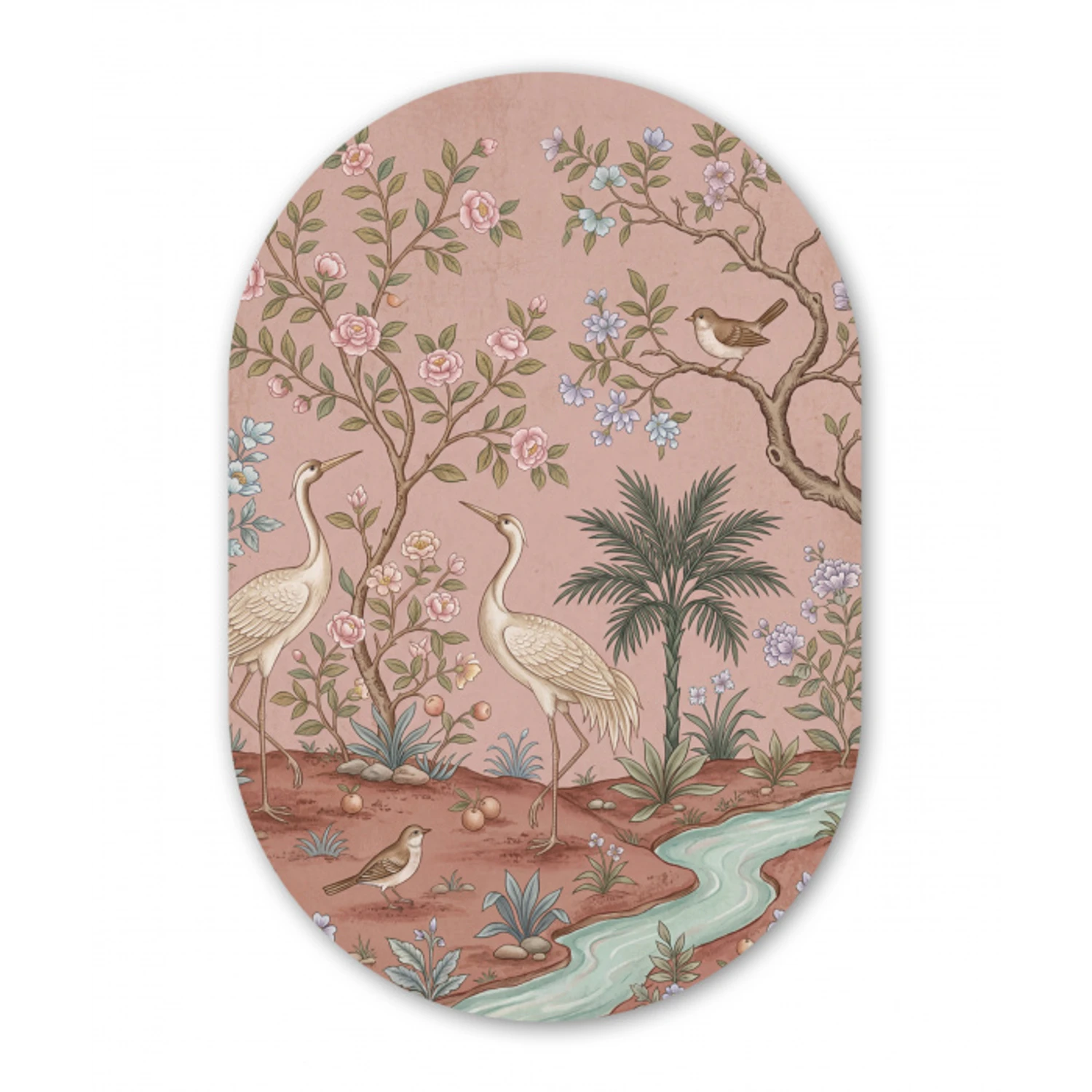Nostalgisch - Reigers - Roze Wandcirkel Ovaal Forex klein -3d