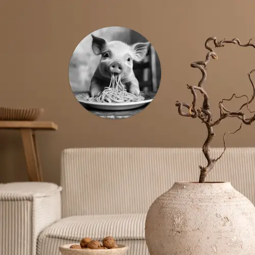 Varken - Schattig - Spaghetti - Zwart wit - Dier Wandcirkel behangsticker klein -sfeer1
