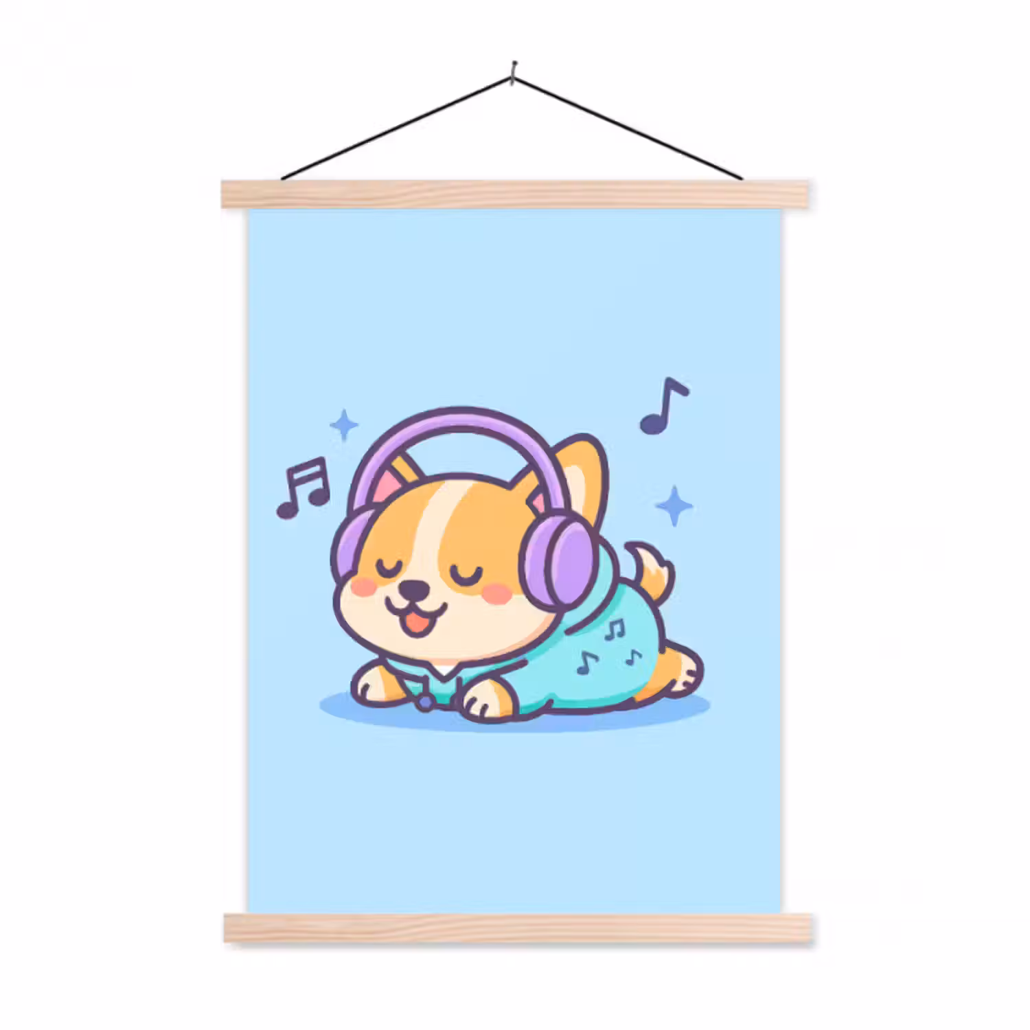 Stoffbild - Corgi - Kopfhörer - Blau - Musikalische Noten