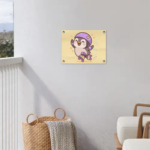 Pinguïn - Rolschaatsen - Geel - Energiek tuinposter los doek klein -sfeer8