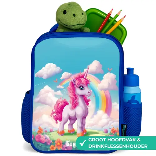 Vrolijke eenhoorn bij een regenboog Kinderrugzak - Blauw middel -inhoud_NL