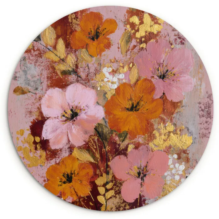 Schilderij - Bloemen - Rustiek - Roze Wandcirkel kunststof plaat 5mm dik klein -3d