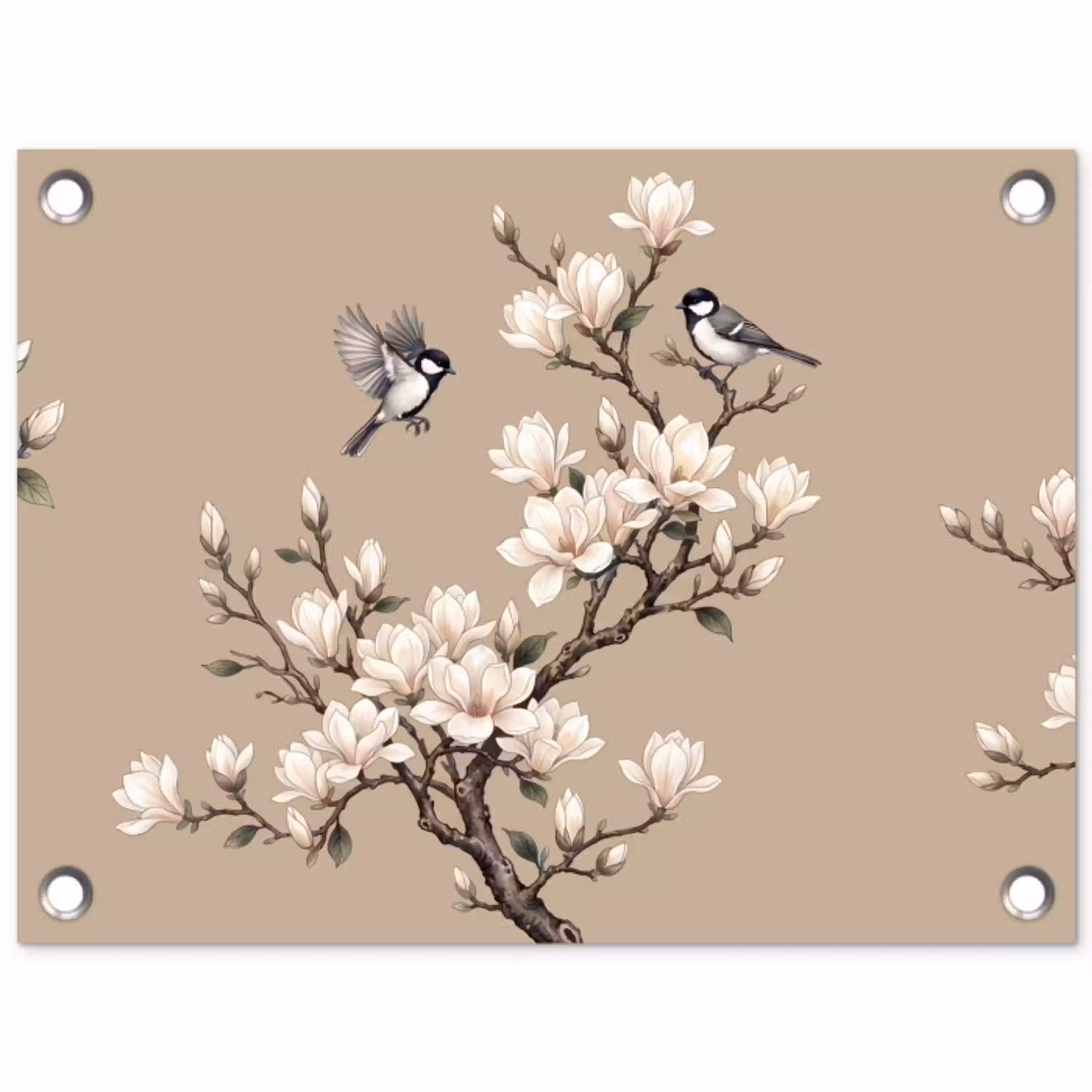 Oosters - Vogels - Beige tuinposter los doek klein -3d