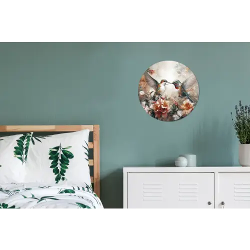Kolibrie - Vogels - Bloemen - Natuur Wandcirkel aluminium klein -slaapkamer
