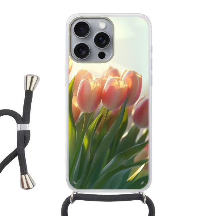 Tulpen - Roze - Zonnestralen Hoesje iPhone 16 Pro Max met koord klein -3d