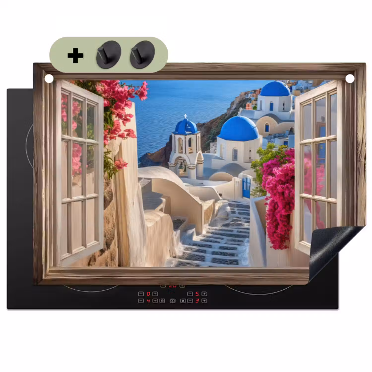 Inductie beschermer en spatscherm (2in1) - Doorkijk - Santorini - Landschap - Blauw - Grieks