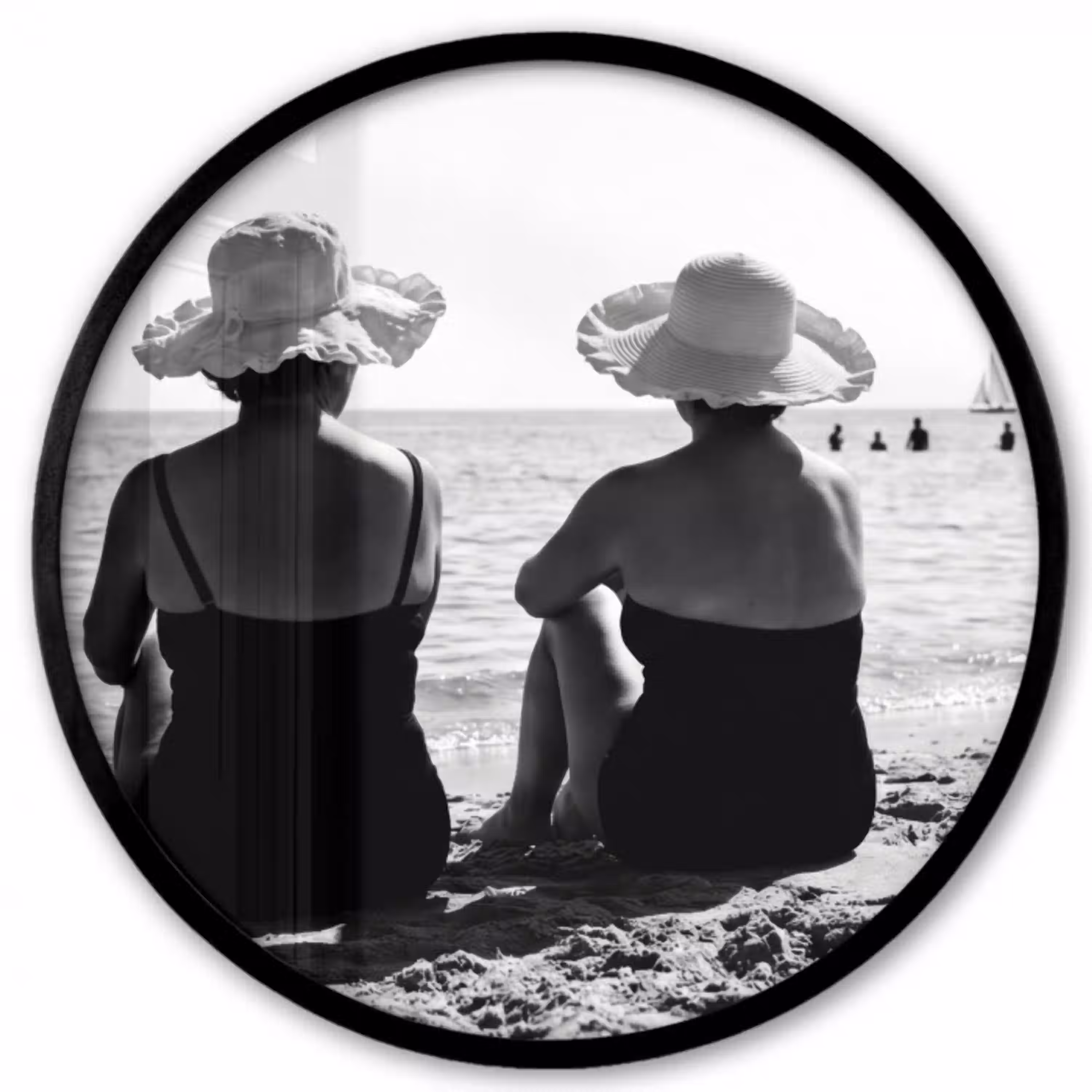Vrouwen - Zonnehoed - Strand - Zwart - Wit Fotolijst rond zonder passe partout klein -3d