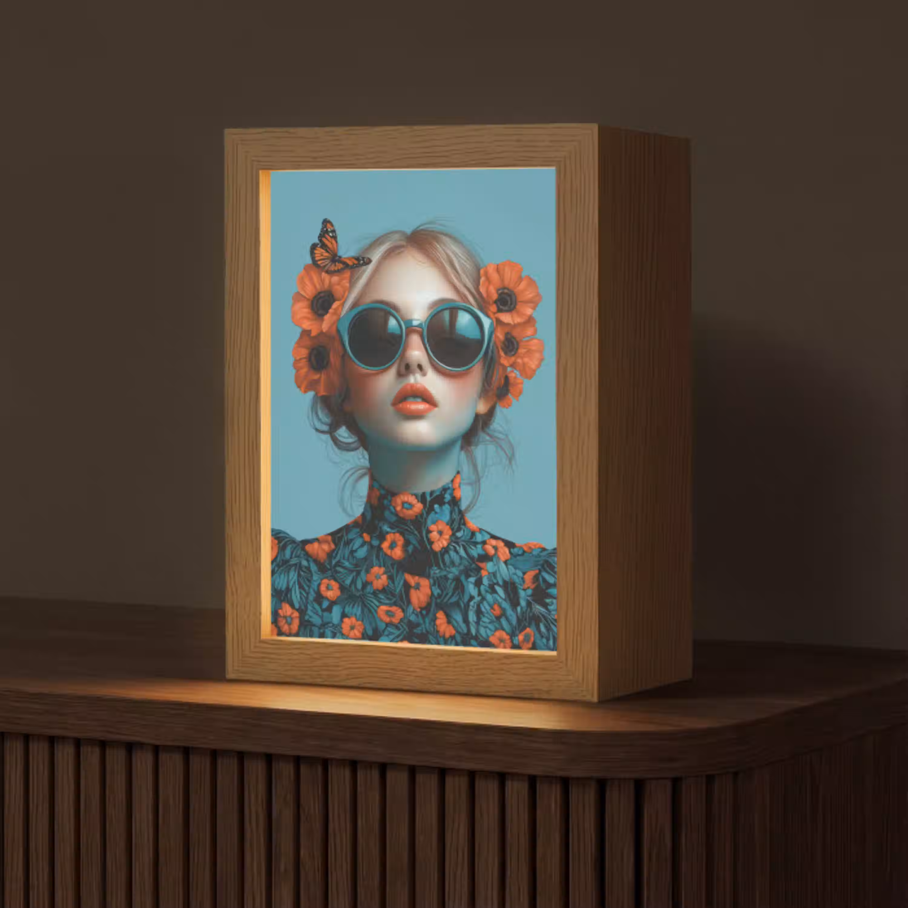 Vrouw - Blauw - Vlinder - Bloemen - Aesthetic Light Box met kabel (Tafellamp) klein -z3d_website