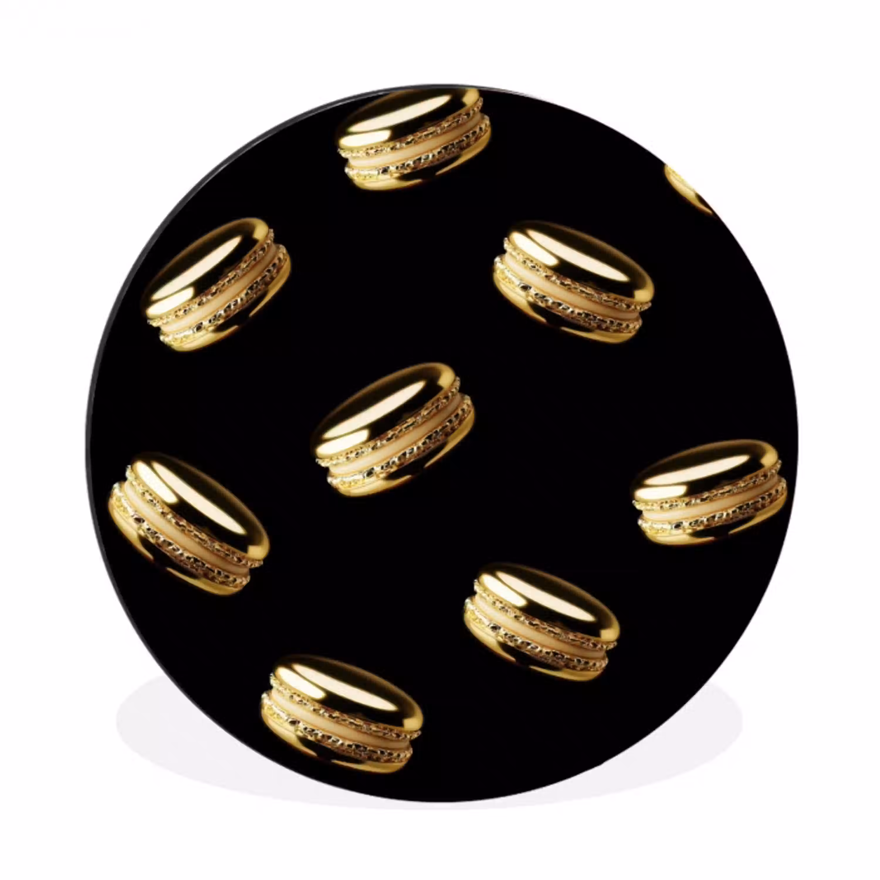 Macarons - Patroon - Goud - Zwart Wandcirkel aluminium klein -3d