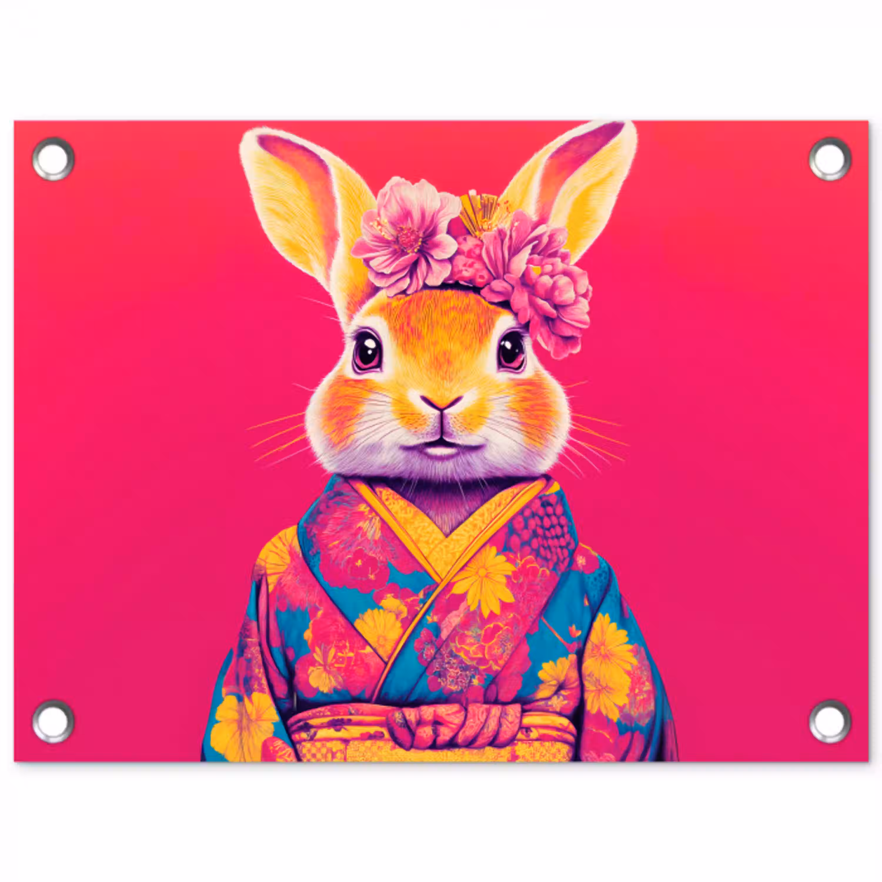 Konijn - Bloemen - Kleurrijk - Kimono tuinposter los doek klein -3d
