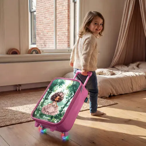 Meisje met donkere krullen in het bos Kinderkoffer - Roze klein -sfeer1