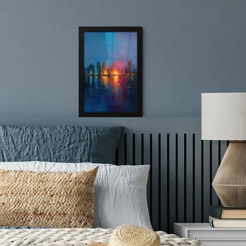 Skyline - Penseelstreken - Donkerblauw - Lichtgevend fotolijst zwart zonder passe partout klein -sfeer3