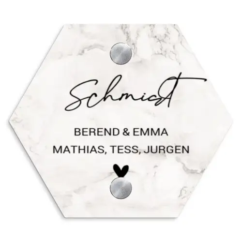 Wit marmer - Sierlijk Naambord Hexagon klein -3d