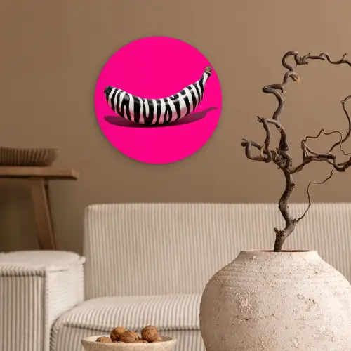 Banaan - Zebraprint - Roze Wandcirkel kunststof plaat 5mm dik klein -sfeer1