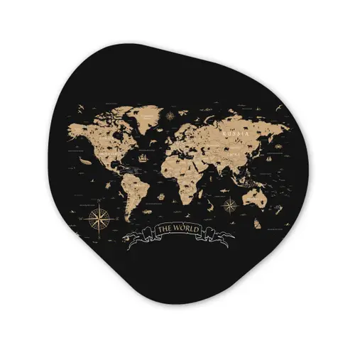 Wereldkaart - Beige - Zwart Wandcirkel Organisch Aluminium middel -3d