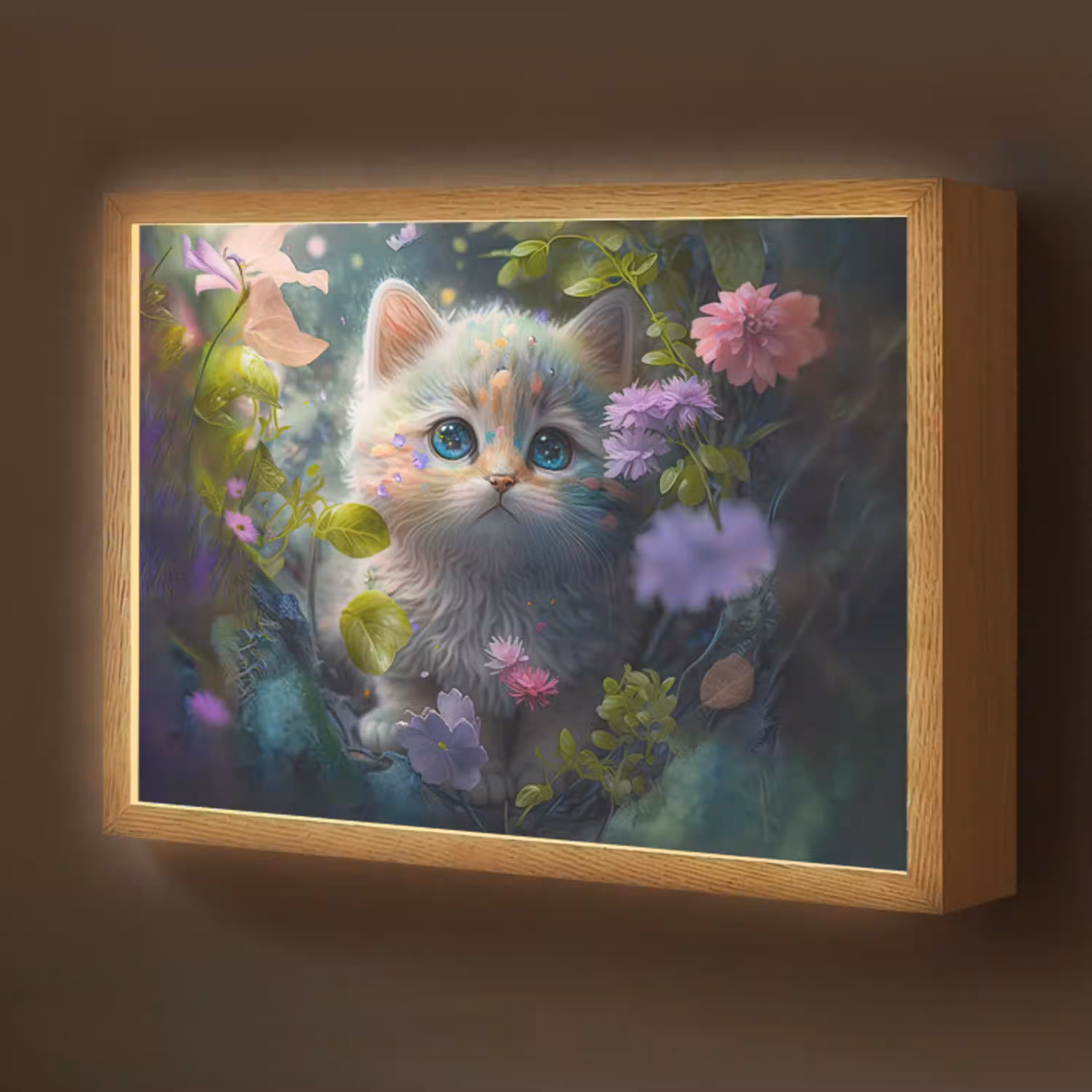 Kitten - Bloemen - Bos - Illustratie - Poes Light Box met batterij (Wandlamp kind) middel -z3d_website
