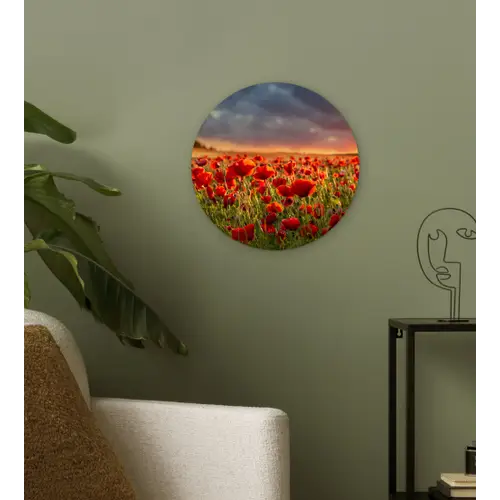 Zonsondergang - Klaprozen - Rood - Bloemen - Veld - Natuur Wandcirkel kunststof plaat 5mm dik klein -sfeer3