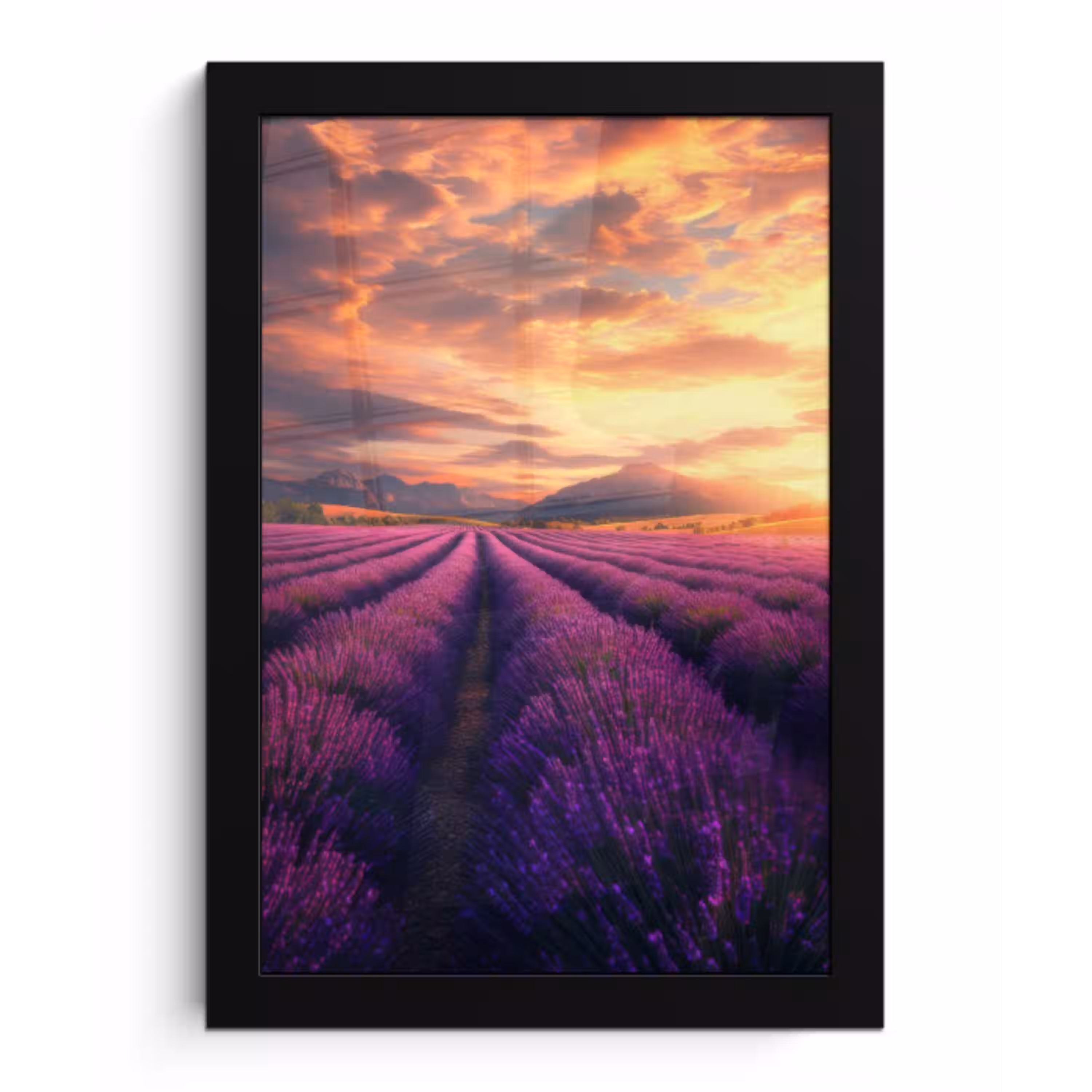 Lavendelveld - Zonsondergang - Paars fotolijst zwart zonder passe partout klein -3d