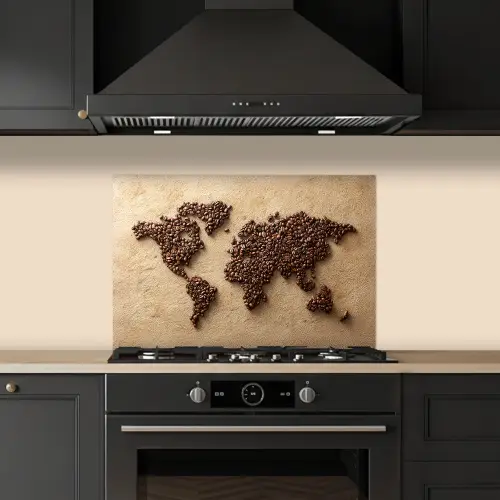 Wereldkaart - Zandkleur - Koffiebonen keuken achterwand spatscherm klein -sfeer1
