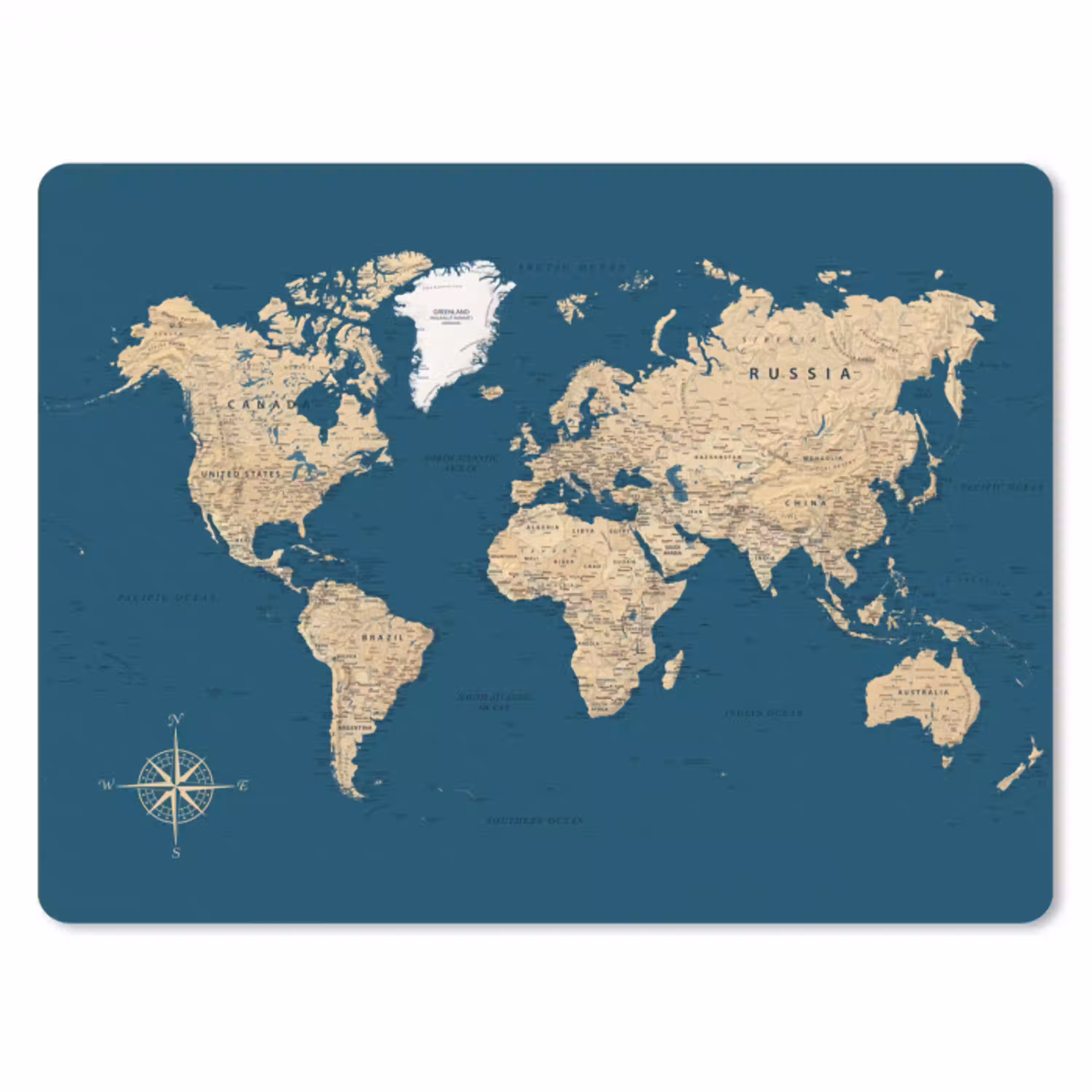 Wereldkaart - Donkerblauw - Beige muismat rubber klein -3d